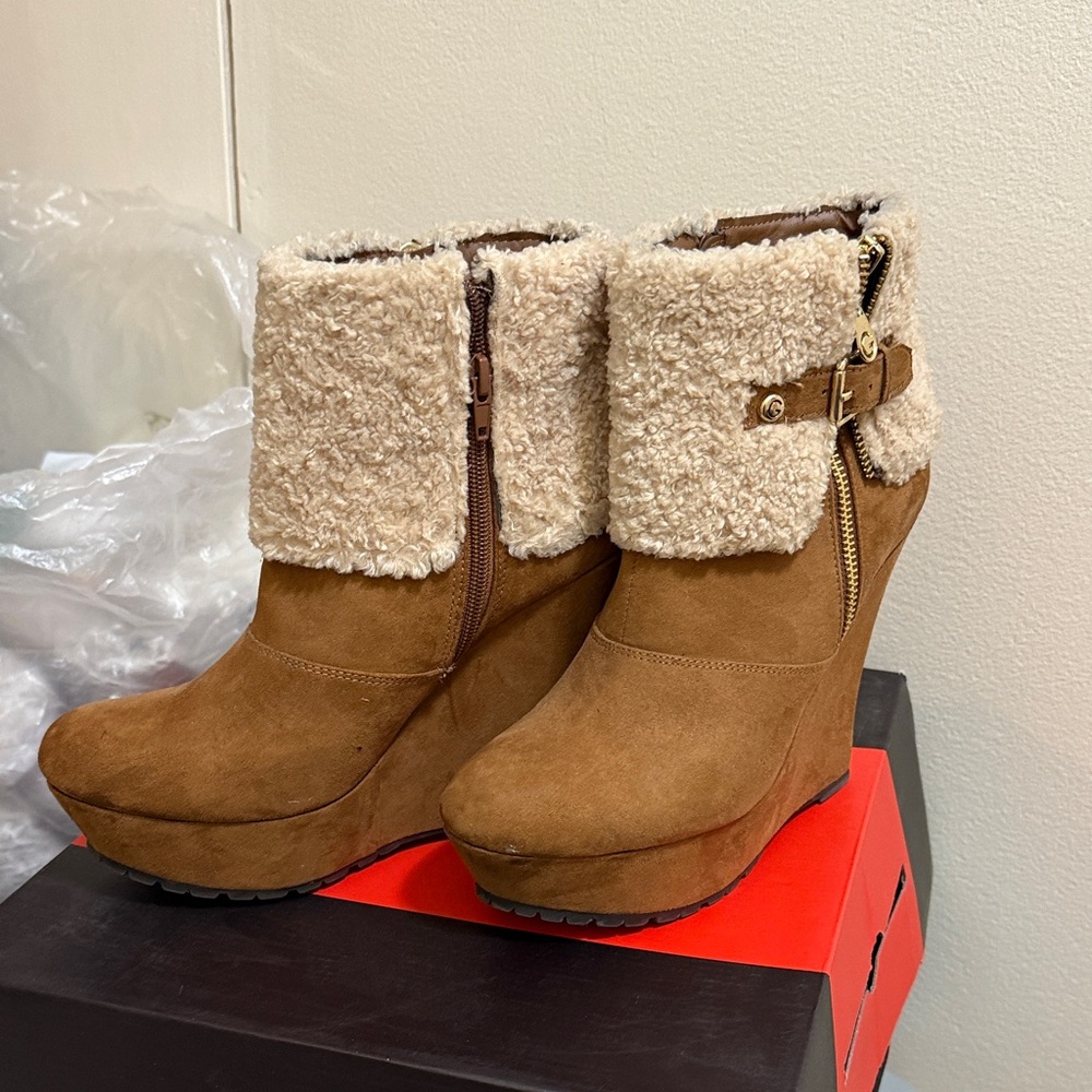 G by Guess Tan Wedge Boots with Cream Cuff